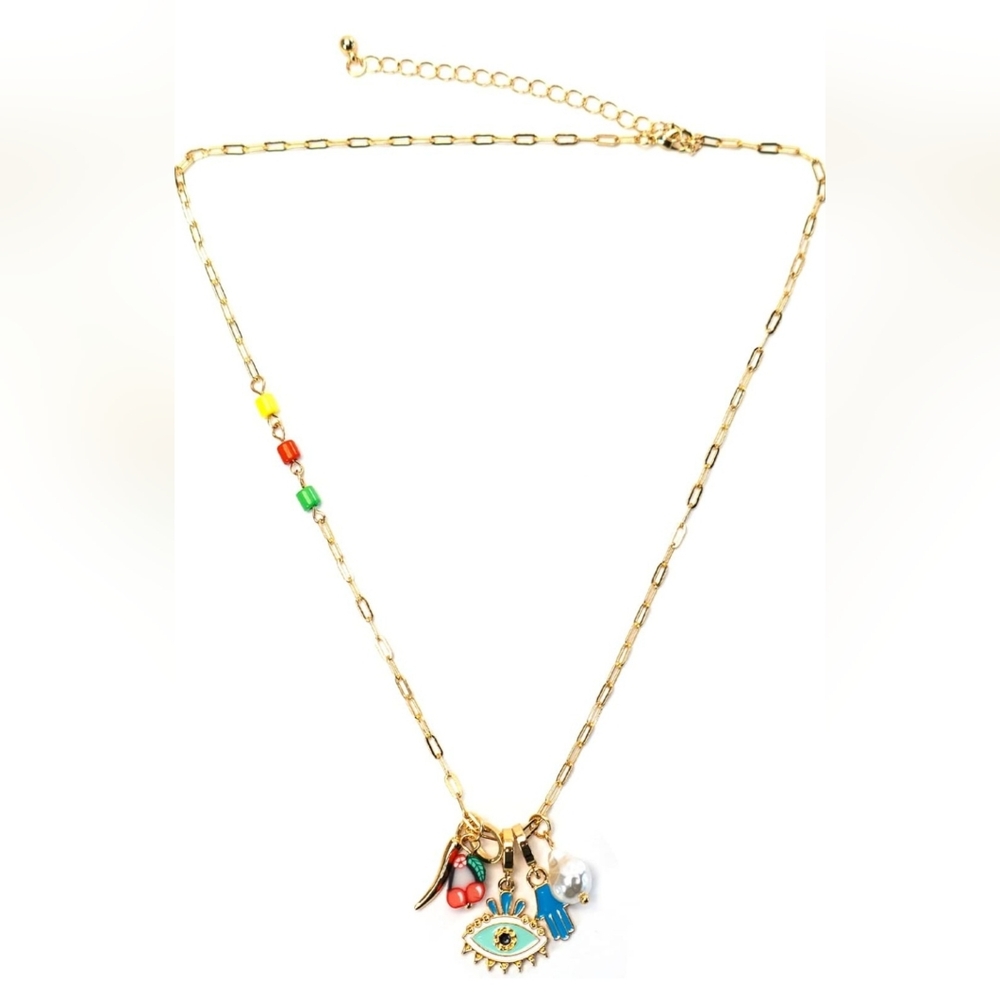 Pendant Necklace With Italian Horn Evil Eye Hand and Foot Pearls - Picture 2 of 3